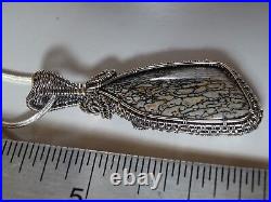 Fossilized Dinosauer Bone Handmade Wire Weave Pendant Beautiful Cells & Colors